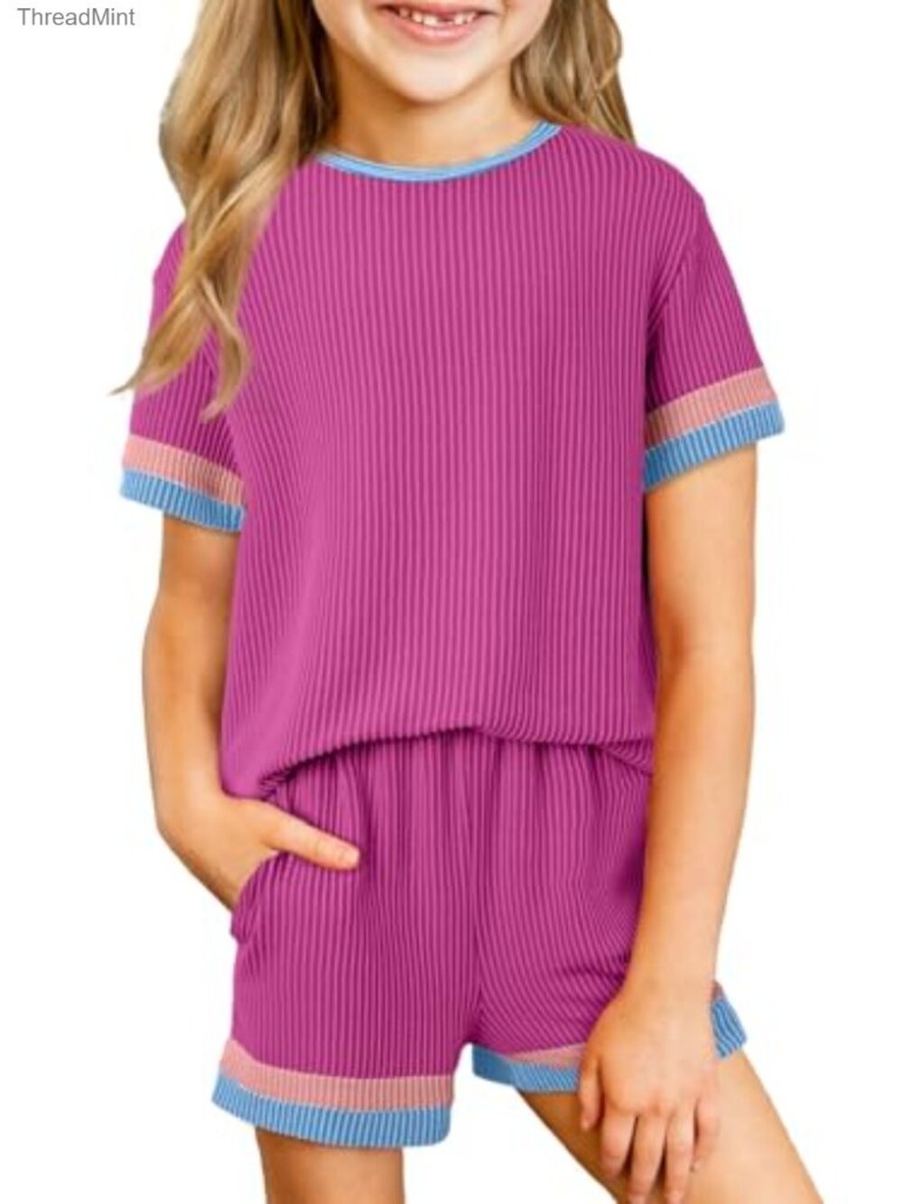 Girls 2-Piece Short Sleeve Outfit Textured Colorblock Crewneck Casual Matching